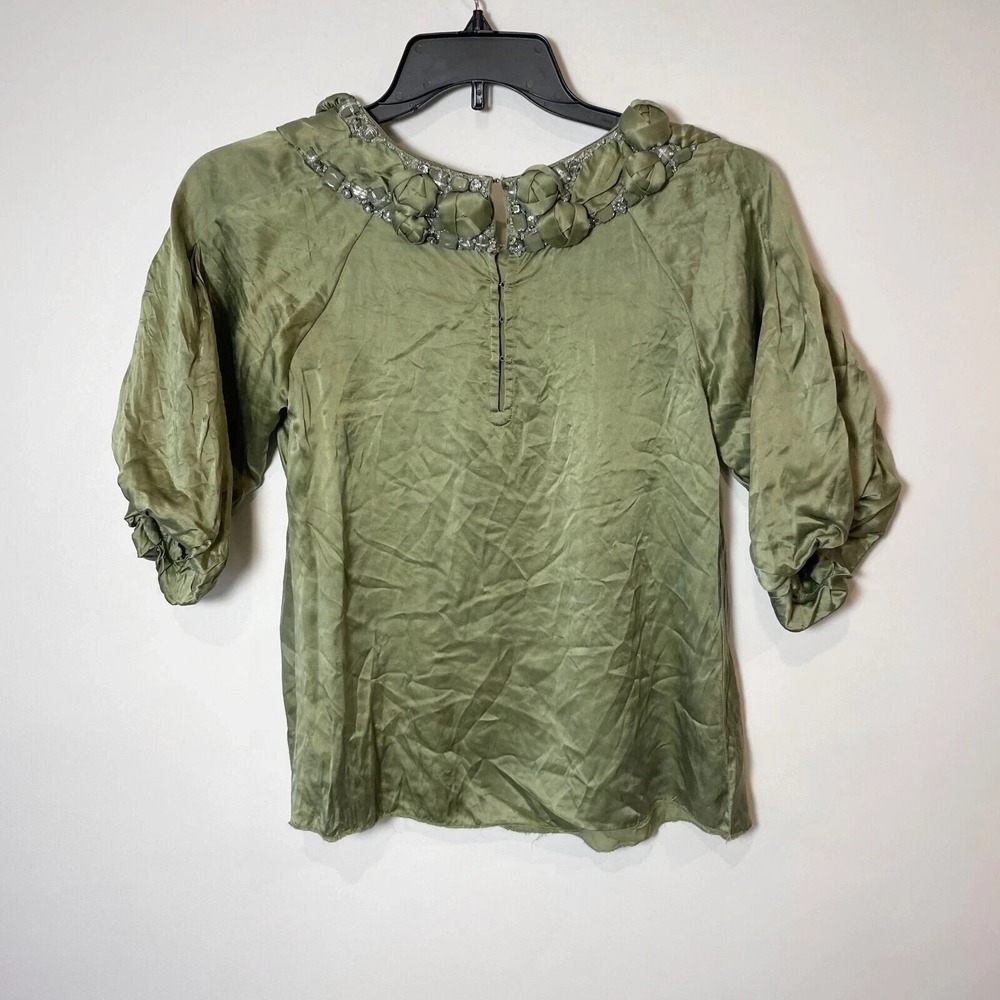 Tracy Porter 3/4 Puff‎ Sleeve Jeweled Neck Blouse Womens 4-6 Green Pleated Satin - Picture 6 of 7